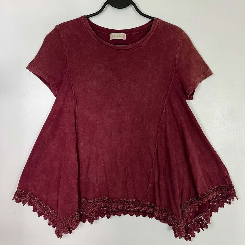Altar'd State Mineral Washed Maroon Red Tunic Top with Lace Hem Size S